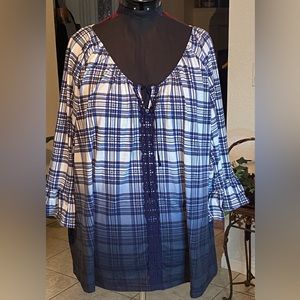 Avenue Women Blue Plaid Crochet Lace up Tunic Ruffle Bell Sleeve 30/32